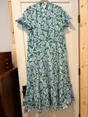 J. Marie Green Floral Midi Dress with Ruffle Sleeves